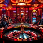 Join the excitement at onicplay with players strategizing at a vibrant poker table amid dazzling casino lights.
