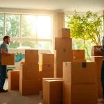 Efficient moving companies calgary organizing a household relocation with moving boxes and smiling movers.