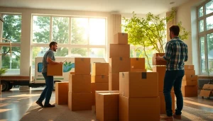 Efficient moving companies calgary organizing a household relocation with moving boxes and smiling movers.