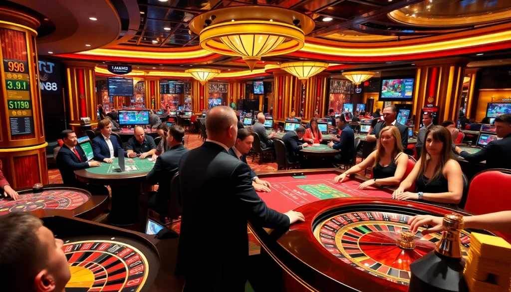 Players enjoying a thrilling casino experience at Man88, featuring roulette and poker games.