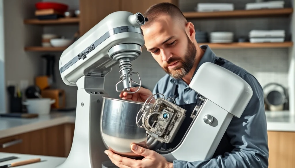 Expert working on kitchenaid appliance repair ottawa with focus on a stand mixer.