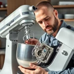 Expert working on kitchenaid appliance repair ottawa with focus on a stand mixer.