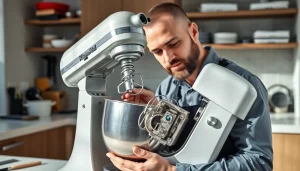 Expert working on kitchenaid appliance repair ottawa with focus on a stand mixer.