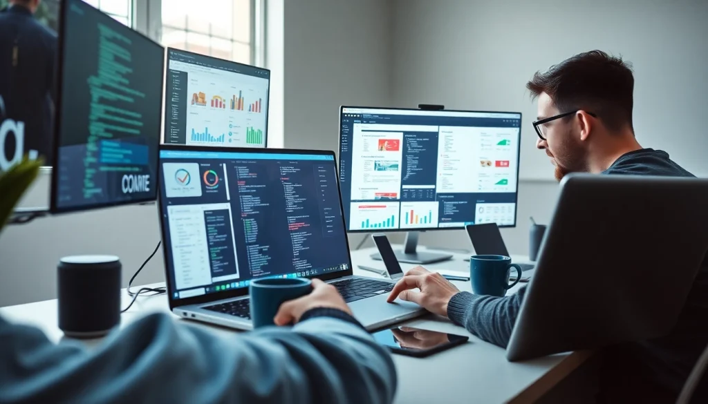Web scrapping in action at a modern workspace with data extraction on laptop screens.