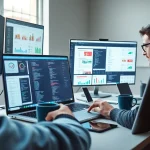 Web scrapping in action at a modern workspace with data extraction on laptop screens.