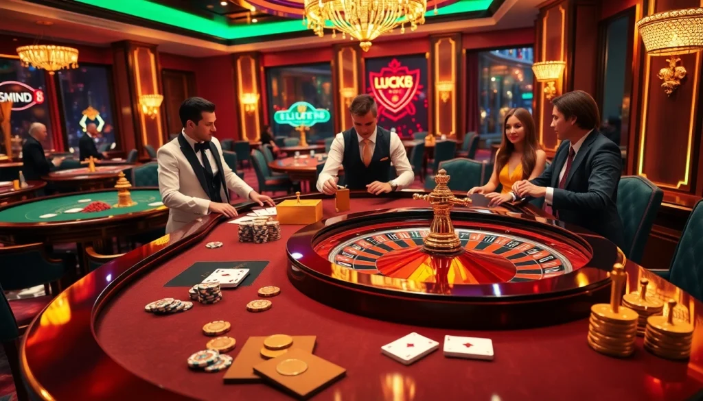Người chơi LUCK8 tận hưởng trải nghiệm casino sang trọng với chip poker và bánh xe roulette.
