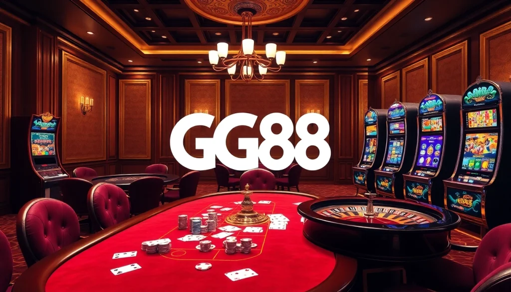 Experience thrilling gaming excitement with GG88’s luxurious casino atmosphere featuring vibrant slot machines and poker tables.