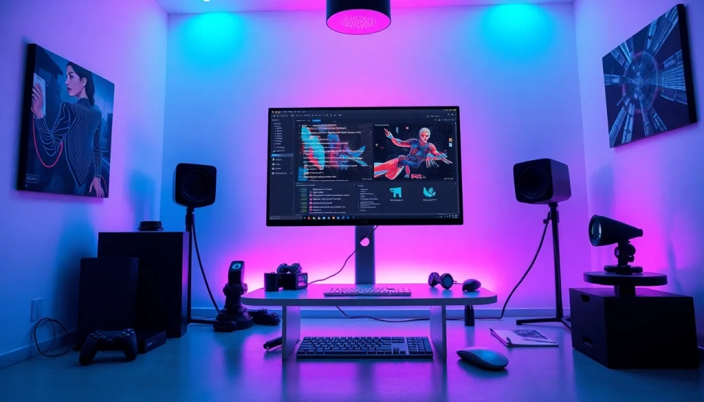 Explore advanced nsfw ai image generation in a modern tech studio setting with vibrant artwork and sleek gadgets.