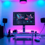 Explore advanced nsfw ai image generation in a modern tech studio setting with vibrant artwork and sleek gadgets.