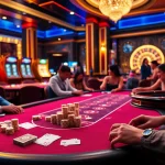 Nohu Casino Scene: Players at poker tables among luxurious decor and vibrant slot machines.