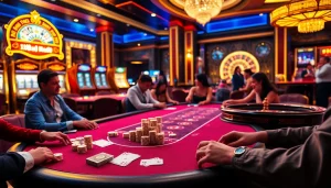 Nohu Casino Scene: Players at poker tables among luxurious decor and vibrant slot machines.