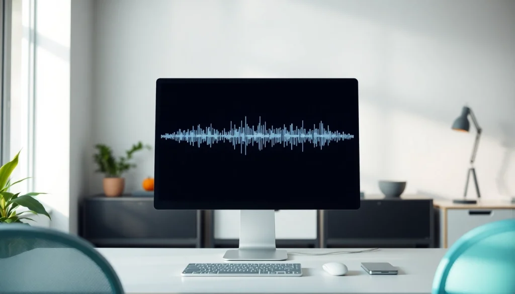 Generate realistic AI Voice audio waveforms in a modern workspace.