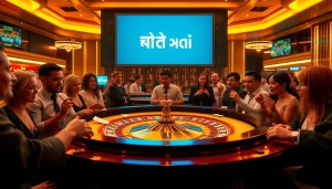 Enjoying an exciting game of רמי אונליין roulette at a luxurious casino table with vibrant lighting.