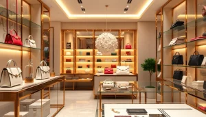 레플리카쇼핑몰의 고급스러운 제품들이 진열된 세련된 부티크 내부입니다.