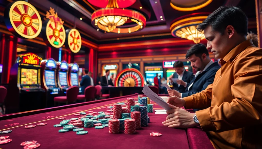 Gambling excitement at 7upbet with vibrant tables and slot machines.