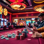 Gambling excitement at 7upbet with vibrant tables and slot machines.