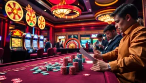 Gambling excitement at 7upbet with vibrant tables and slot machines.