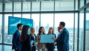 Team discussing growth strategy trends with data visuals in a bright office setting.