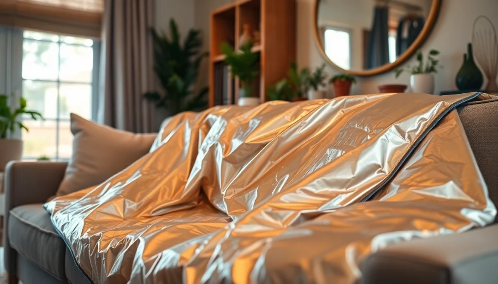 Emergency blanket elegantly draped over a sofa, showcasing its reflective texture.