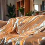 Emergency blanket elegantly draped over a sofa, showcasing its reflective texture.