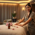 출장안마 service setup with a skilled therapist in a serene hotel room.