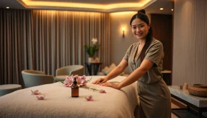 출장안마 service setup with a skilled therapist in a serene hotel room.