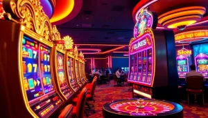 Pemain menikmati permainan slot pulsa yang mendebarkan di kasino mewah.