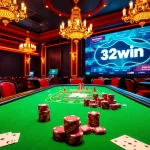 Experience the excitement of 32win at a luxurious casino table with poker chips and cards.