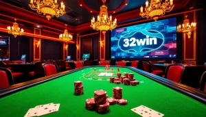 Experience the excitement of 32win at a luxurious casino table with poker chips and cards.