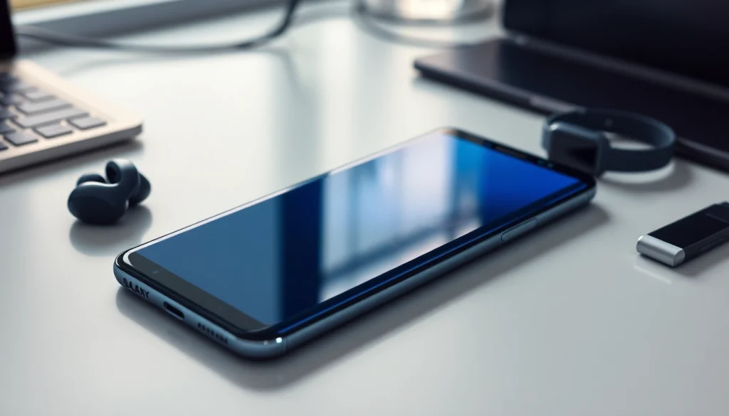 Samsung Galaxy S8 smartphone displayed with modern tech accessories, reflecting innovation.