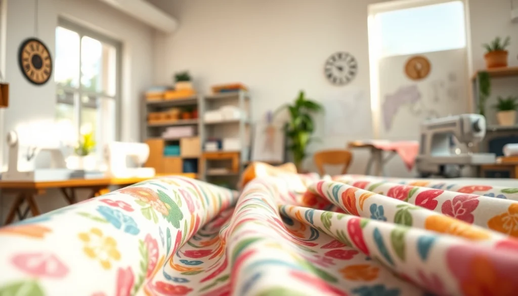 Bekijk bedrukt katoen met levendige kleuren en verschillende patronen in een creatieve werkruimte.