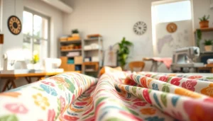 Bekijk bedrukt katoen met levendige kleuren en verschillende patronen in een creatieve werkruimte.