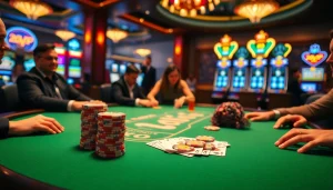 Engage in high-stakes poker at rik vip, surrounded by colorful chips and glowing slot machines.
