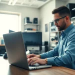 Engaged technician providing computer services in a modern office environment.