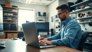 Engaged technician providing computer services in a modern office environment.