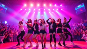 Blackpink news showcasing an energetic concert performance with vibrant stage lights and stylish outfits.