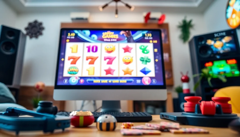 Main slot online game display on a computer screen with vibrant graphics dan aksesori gaming di meja.