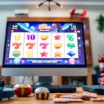 Main slot online game display on a computer screen with vibrant graphics dan aksesori gaming di meja.