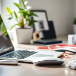 Accesorios para Mac en un espacio de trabajo moderno y organizado, resaltando su calidad y estilo.