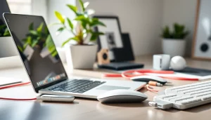 Accesorios para Mac en un espacio de trabajo moderno y organizado, resaltando su calidad y estilo.