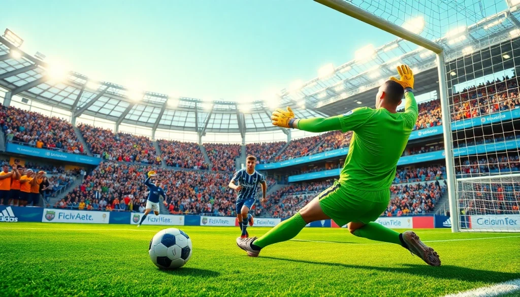 Engaging scene of a goalkeeper in action during โปรแกรมบอล วันนี้, showcasing excitement and skill in soccer.