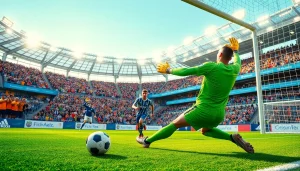 Engaging scene of a goalkeeper in action during โปรแกรมบอล วันนี้, showcasing excitement and skill in soccer.