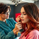 Salon de coafura cu un stilist aplicând culoare pe părul unei cliente, într-un ambient modern.