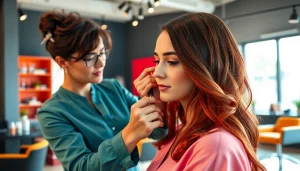 Salon de coafura cu un stilist aplicând culoare pe părul unei cliente, într-un ambient modern.