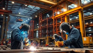 Workers engaged in structural steel welding showcasing precision and craftsmanship in a vibrant factory setting.