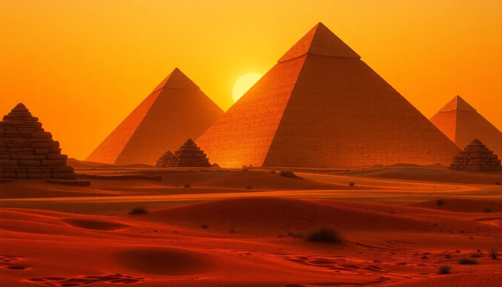 Pyraminds rising majestically against a golden sunset in a desert landscape, showcasing ancient architecture.