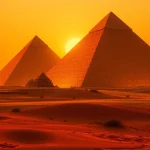 Pyraminds rising majestically against a golden sunset in a desert landscape, showcasing ancient architecture.
