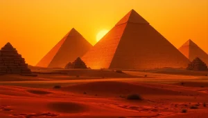 Pyraminds rising majestically against a golden sunset in a desert landscape, showcasing ancient architecture.