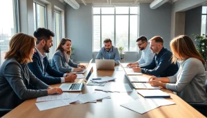 Team brainstorming on an outsourced sales team strategy in a bright office.