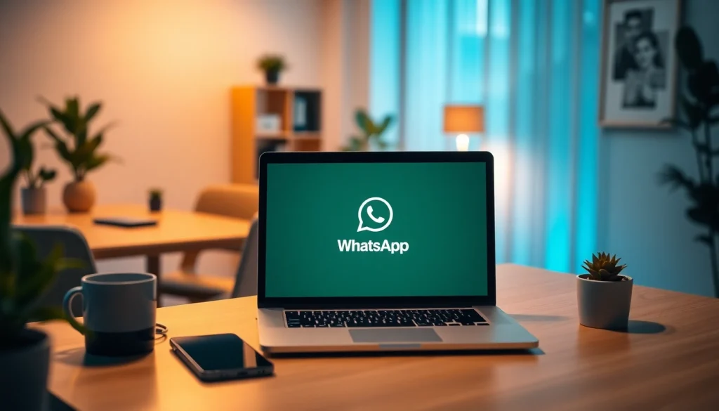 舒适办公室环境中，笔记本电脑上显示的 WhatsApp网页版界面，凸显现代沟通。